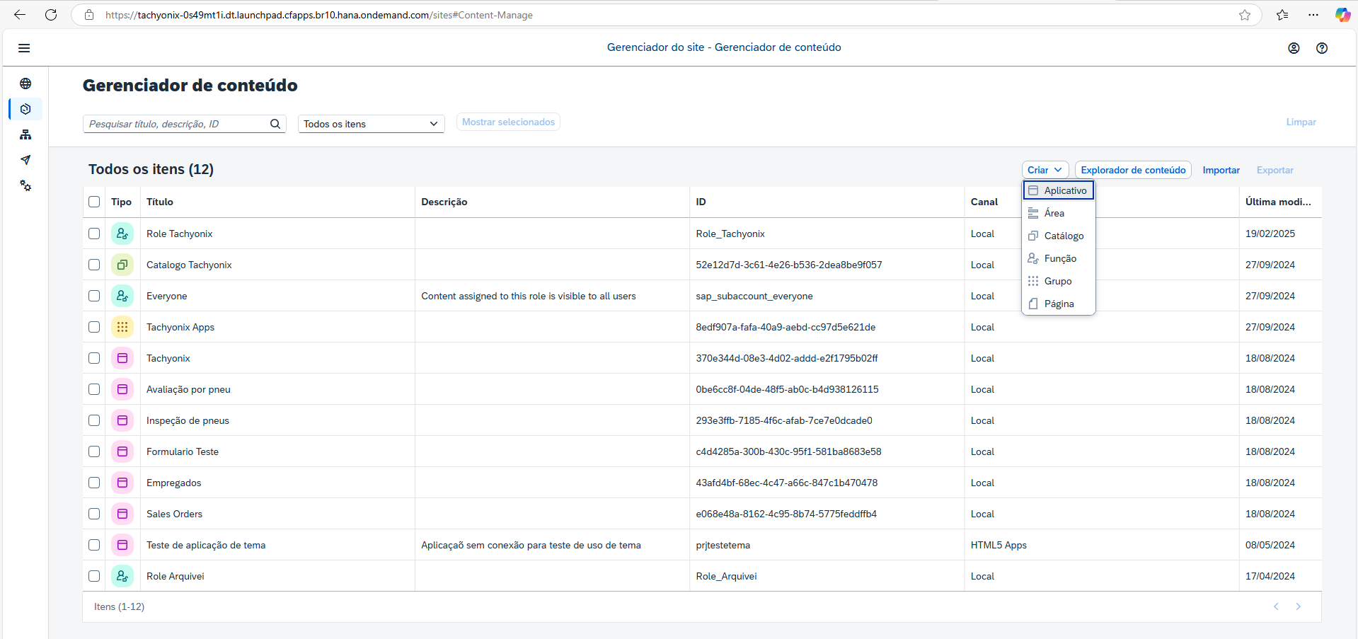 Menu Criar com a opção Aplicativo no Gerenciador de conteúdo